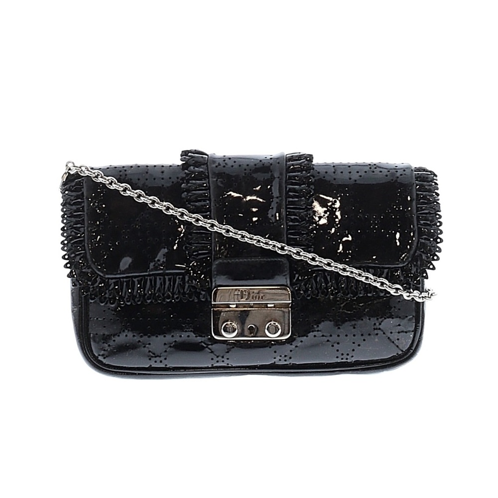 Dior Black Ruffle Patent Leather Clutch with Chain